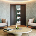 Curved sliding double pocket door system Arkimede suited to 12,5 cm walls